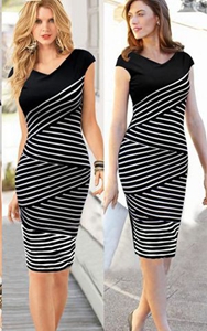 F66634           Sexy Knee-Length V-Neck Short Sleeve Striped Midi Slim Dress